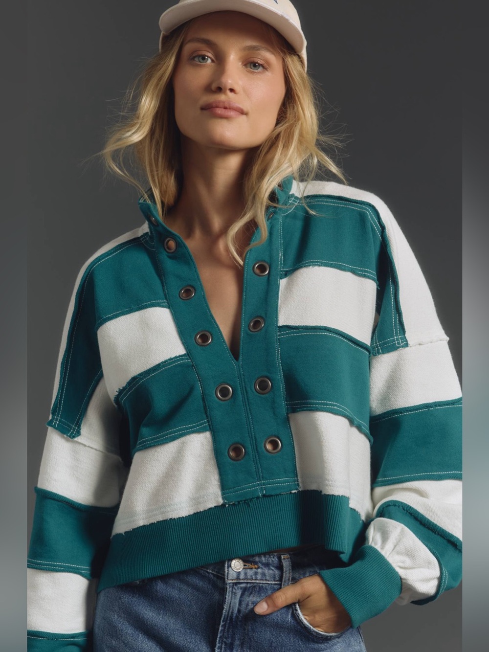Pilcro Kamrie Pieced Popover Top Sweater Striped V-Neck Blue White Anthropologie